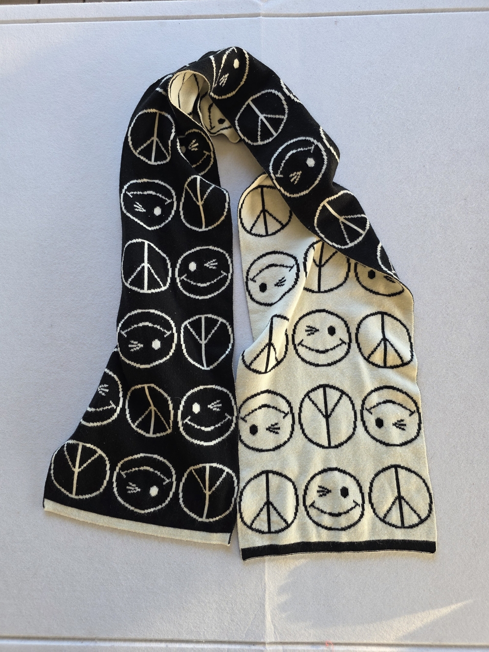 Reversible Black & Cream Smiley and Peace Motif Scarf